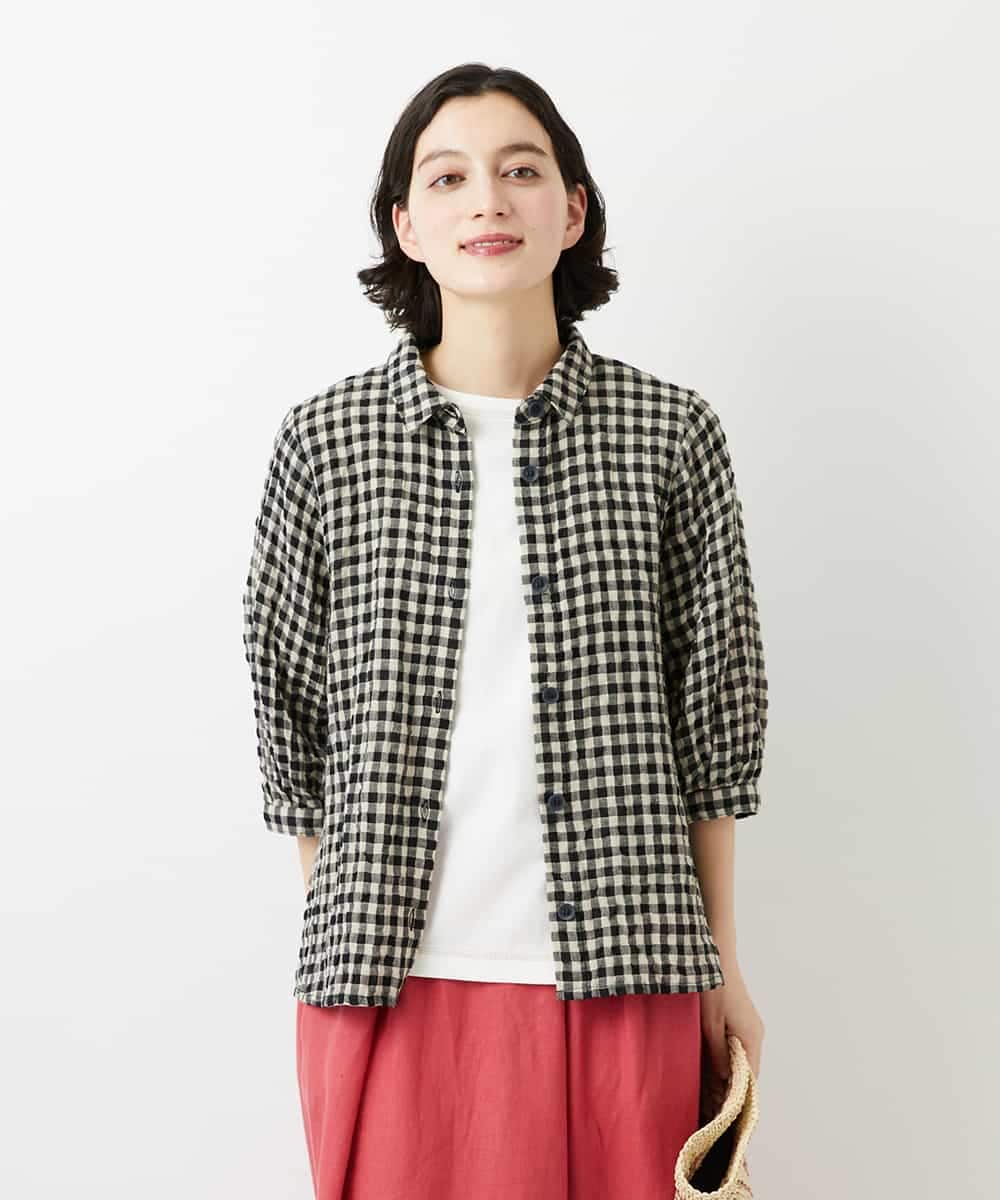 NHBGE42250 GIANNI LO GIUDICE(小さいサイズ)(メゾン ドゥ サンク) リネンコットンギンガムチェックブラウス ブラウン系