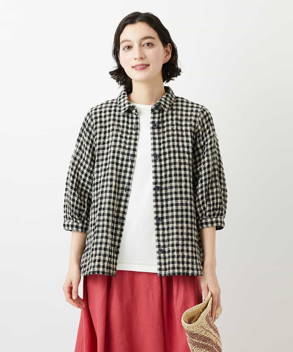 NHBGE42250 GIANNI LO GIUDICE(小さいサイズ)(メゾン ドゥ サンク) リネンコットンギンガムチェックブラウス ブラウン系