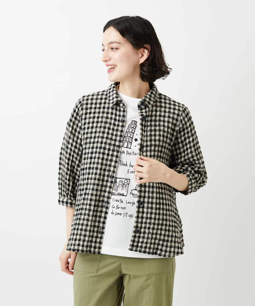 NHBGE42250 GIANNI LO GIUDICE(小さいサイズ)(メゾン ドゥ サンク) リネンコットンギンガムチェックブラウス ブラウン系