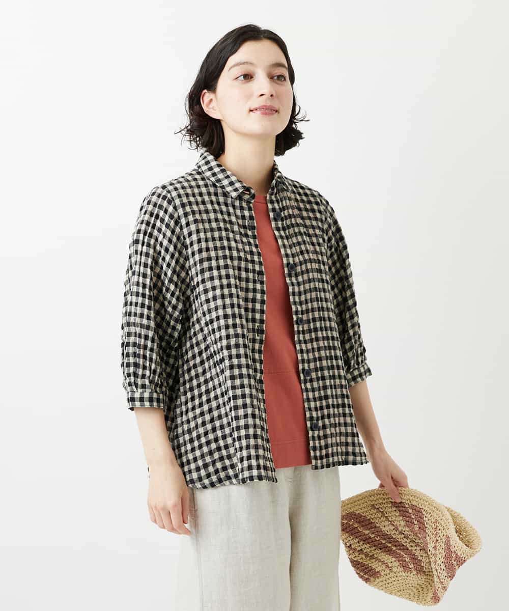 NHBGE42250 GIANNI LO GIUDICE(小さいサイズ)(メゾン ドゥ サンク) リネンコットンギンガムチェックブラウス ブラウン系
