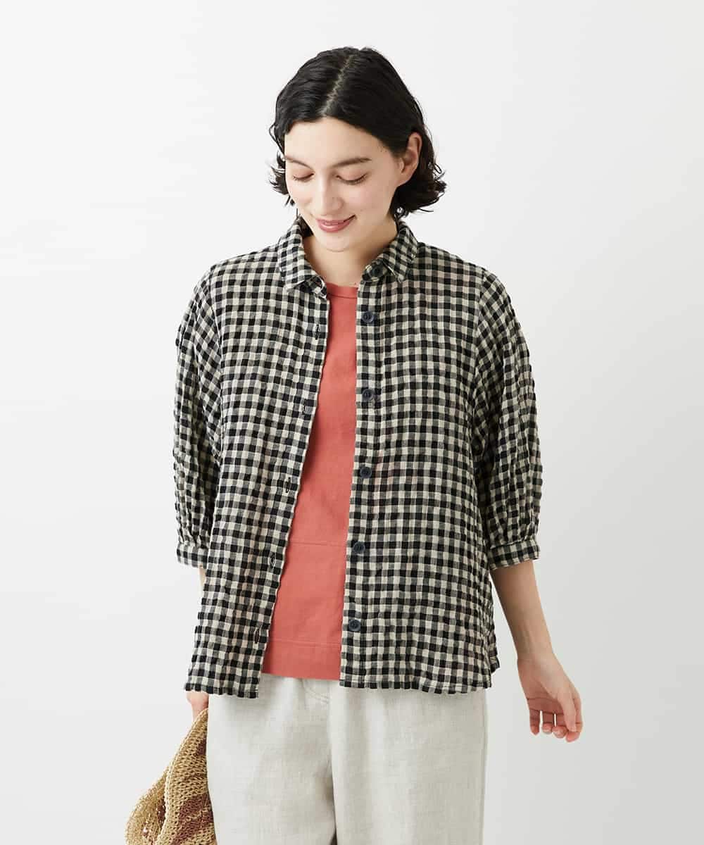 NHBGE42250 GIANNI LO GIUDICE(小さいサイズ)(メゾン ドゥ サンク) リネンコットンギンガムチェックブラウス ブラウン系