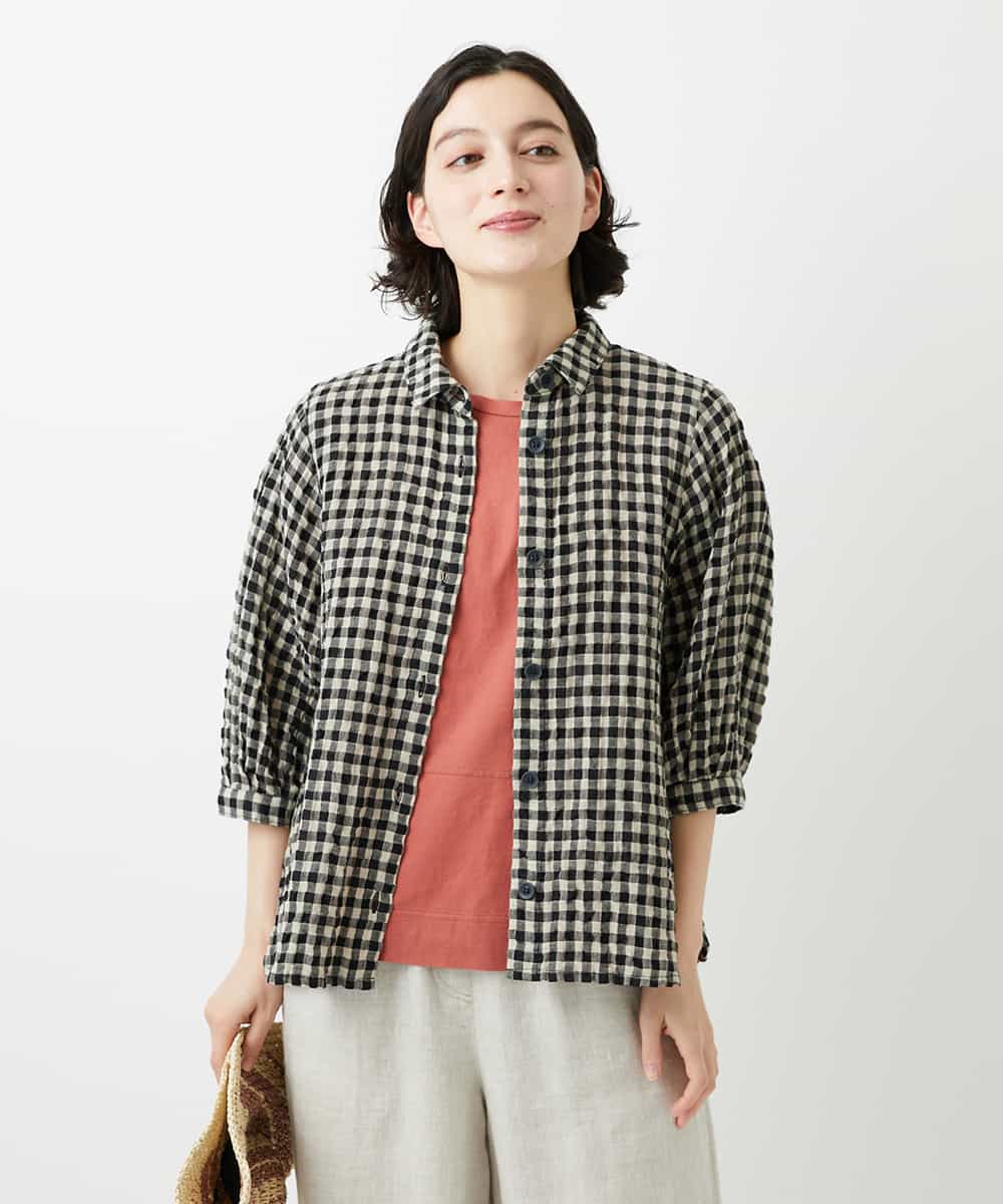 NHBGE42250 GIANNI LO GIUDICE(小さいサイズ)(メゾン ドゥ サンク) リネンコットンギンガムチェックブラウス ブラウン系