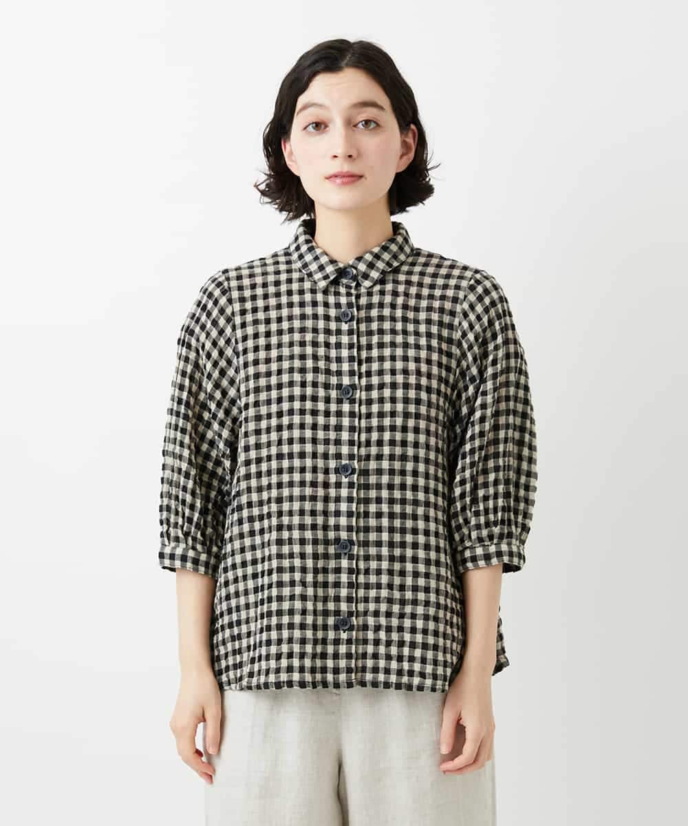 NHBGE42250 GIANNI LO GIUDICE(小さいサイズ)(メゾン ドゥ サンク) リネンコットンギンガムチェックブラウス ブラウン系