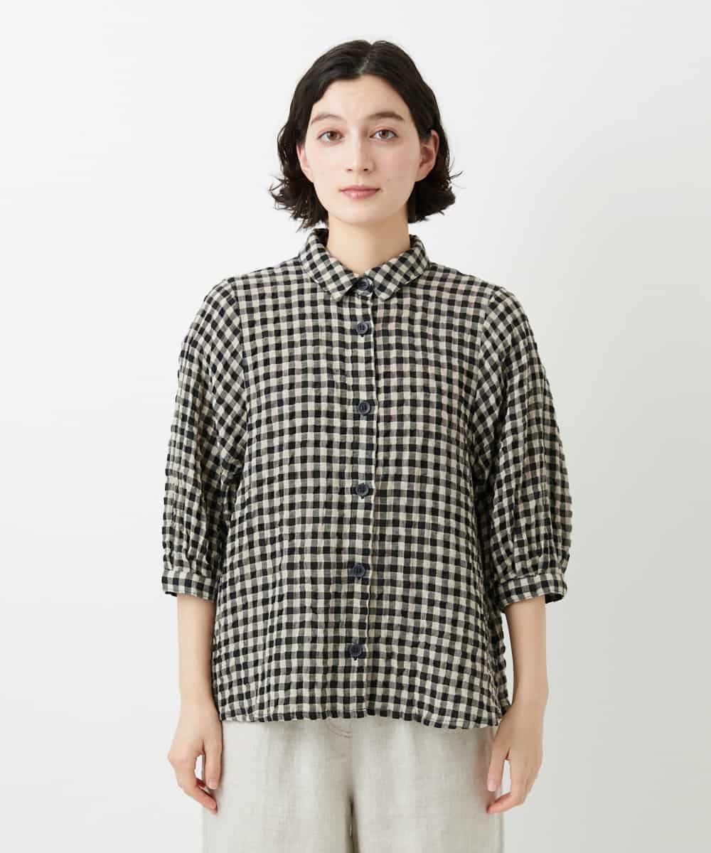 NHBGE42250 GIANNI LO GIUDICE(小さいサイズ)(メゾン ドゥ サンク) リネンコットンギンガムチェックブラウス ブラウン系