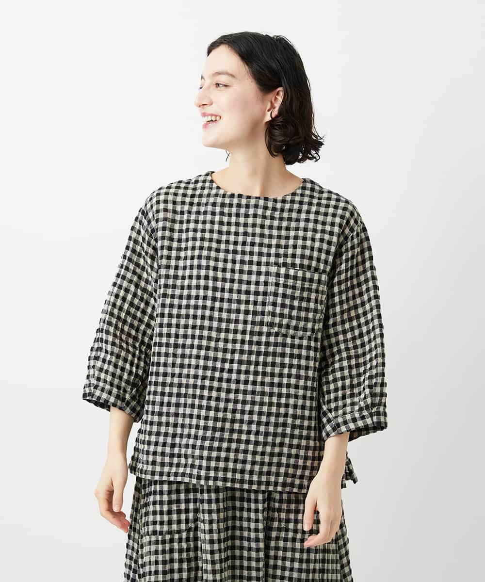 NHBGE43230 GIANNI LO GIUDICE(小さいサイズ)(メゾン ドゥ サンク) リネンコットンギンガムチェックブラウス ブラウン系