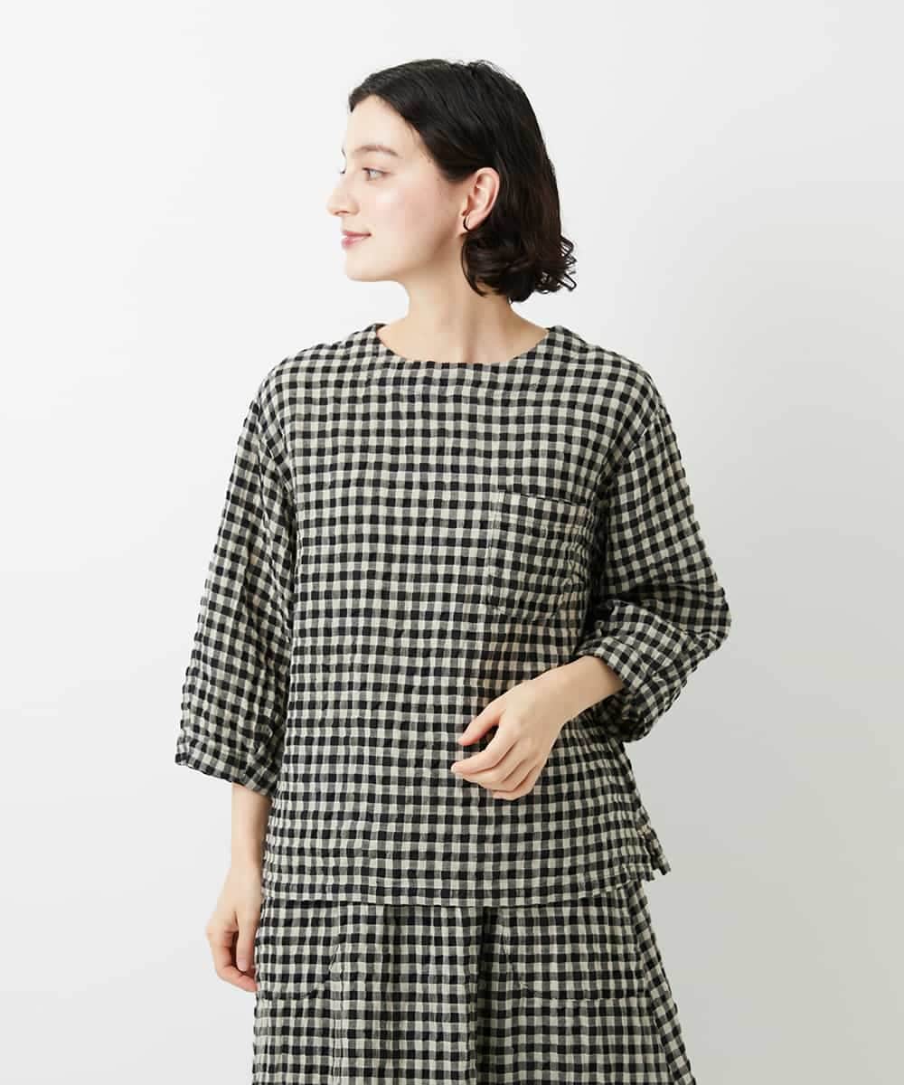 NHBGE43230 GIANNI LO GIUDICE(小さいサイズ)(メゾン ドゥ サンク) リネンコットンギンガムチェックブラウス ブラウン系