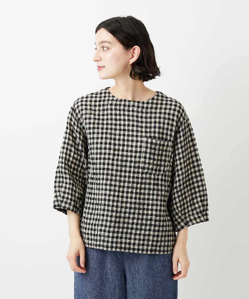 NHBGE43230 GIANNI LO GIUDICE(小さいサイズ)(メゾン ドゥ サンク) リネンコットンギンガムチェックブラウス ブラウン系