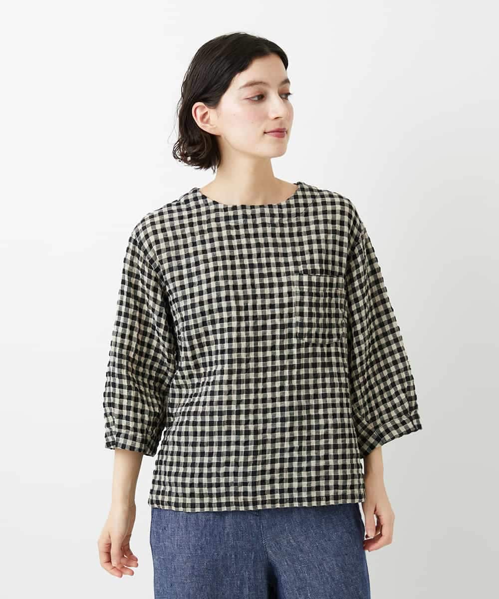 NHBGE43230 GIANNI LO GIUDICE(小さいサイズ)(メゾン ドゥ サンク) リネンコットンギンガムチェックブラウス ブラウン系