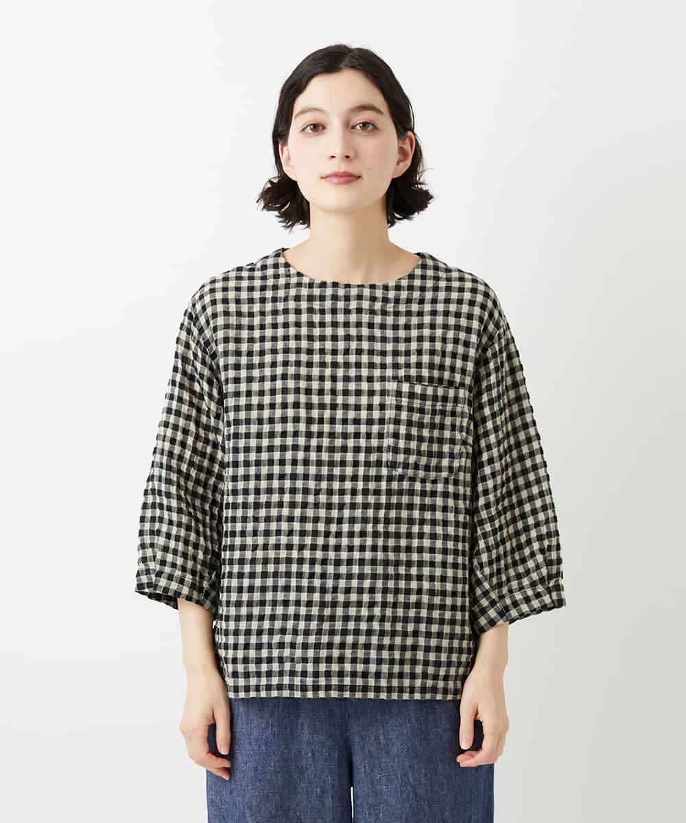 NHBGE43230 GIANNI LO GIUDICE(小さいサイズ)(メゾン ドゥ サンク) リネンコットンギンガムチェックブラウス ブラウン系