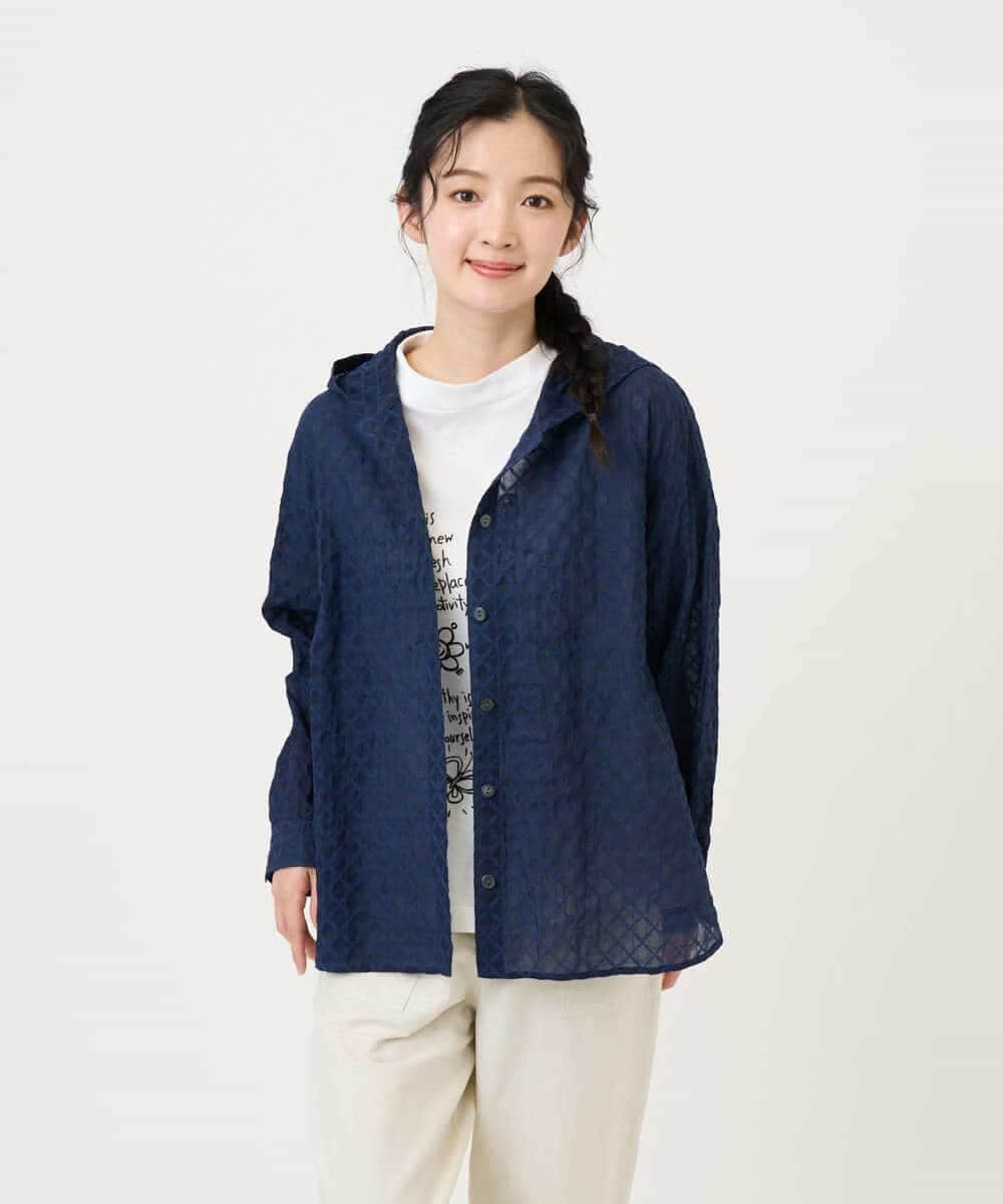 NHBGE46270 GIANNI LO GIUDICE(小さいサイズ)(メゾン ドゥ サンク) 塩縮ダイヤ柄フード襟ブラウス ネイビー