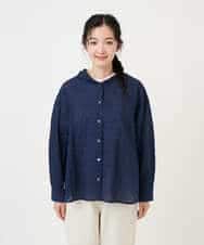 NHBGE46270 GIANNI LO GIUDICE(小さいサイズ)(メゾン ドゥ サンク) 塩縮ダイヤ柄フード襟ブラウス ネイビー