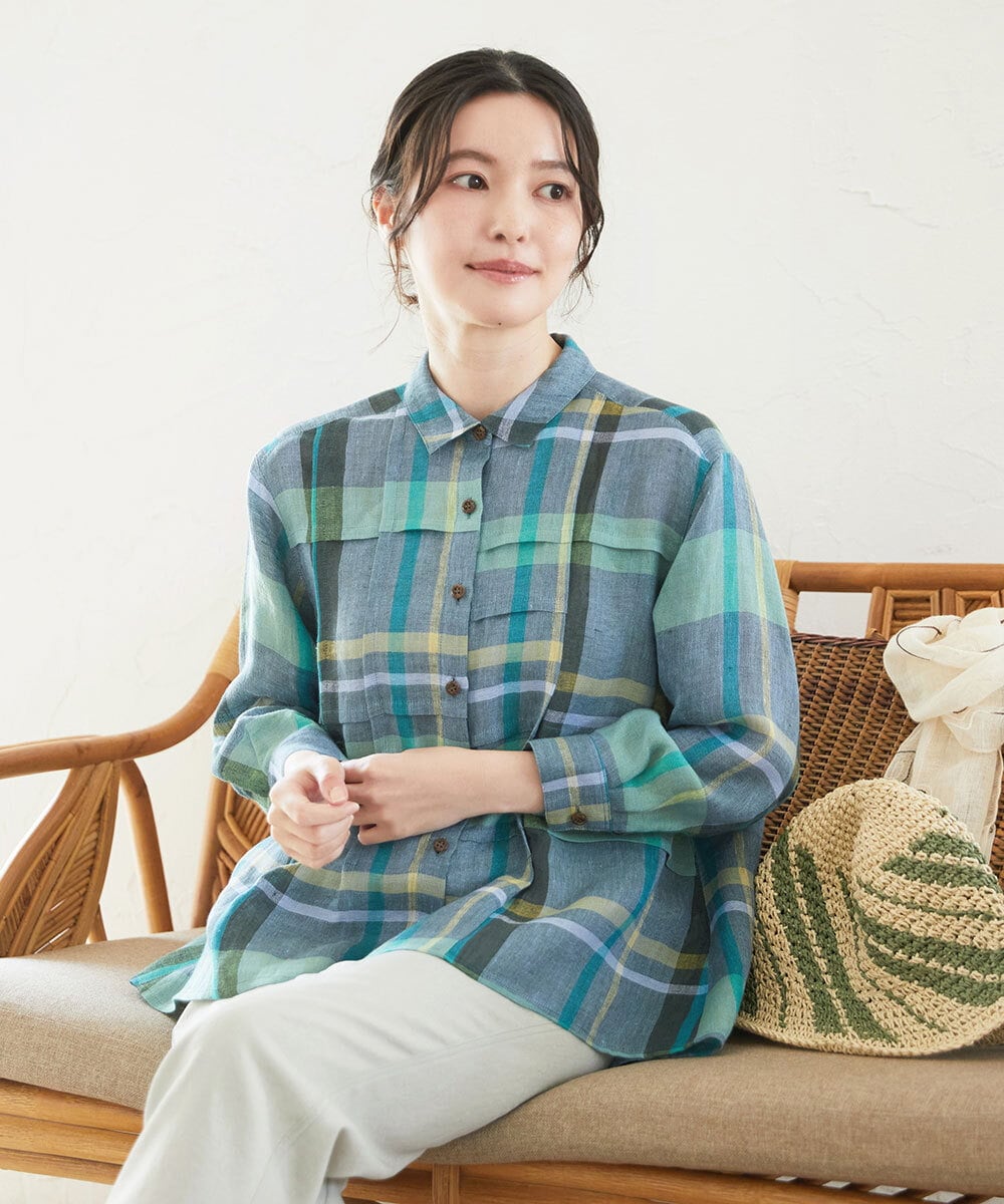NHBGE56360 GIANNI LO GIUDICE(小さいサイズ)(メゾン ドゥ サンク) [日本製]先染めチェックブラウス グリーン