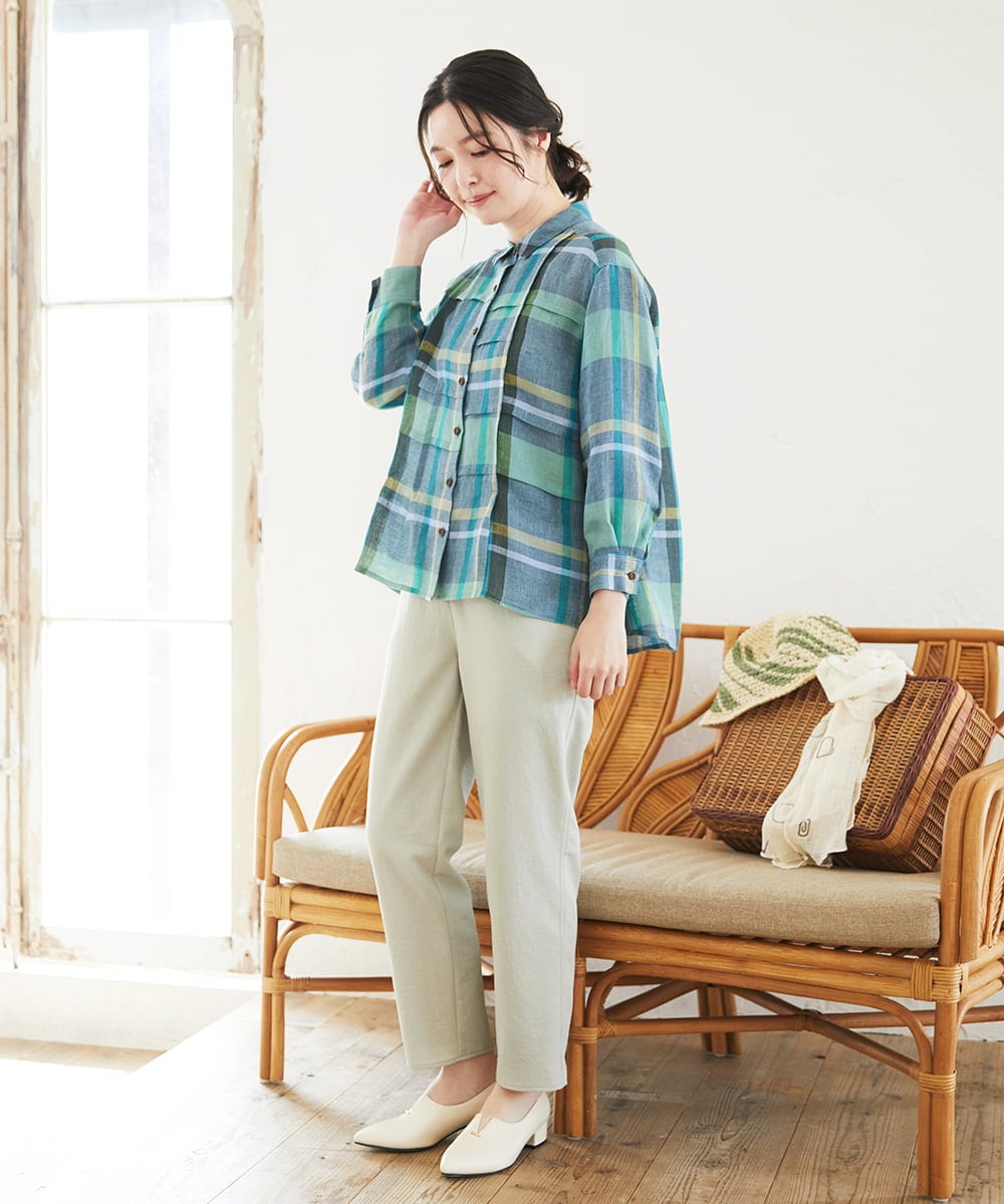 NHBGE56360 GIANNI LO GIUDICE(小さいサイズ)(メゾン ドゥ サンク) [日本製]先染めチェックブラウス グリーン