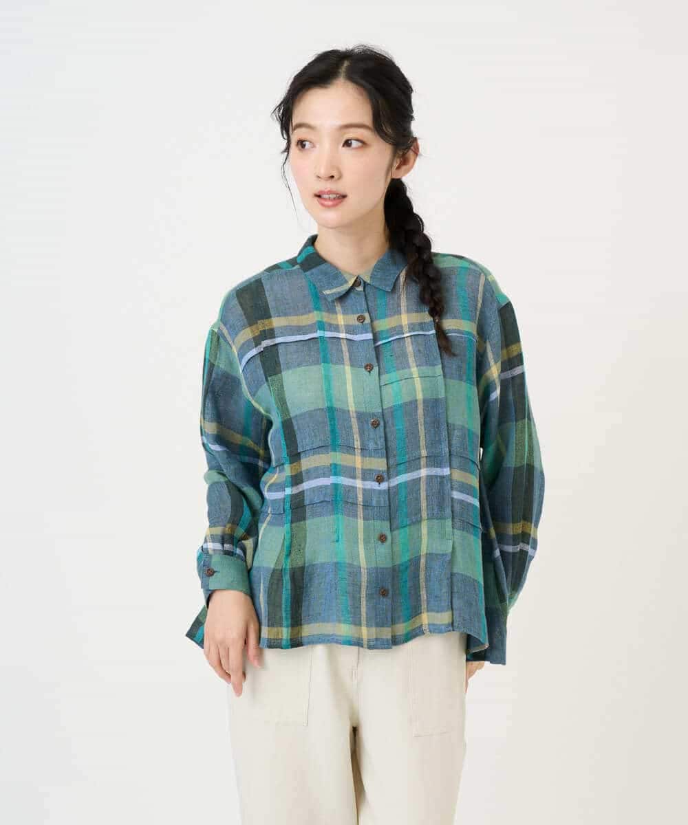 NHBGE56360 GIANNI LO GIUDICE(小さいサイズ)(メゾン ドゥ サンク) [日本製]先染めチェックブラウス グリーン
