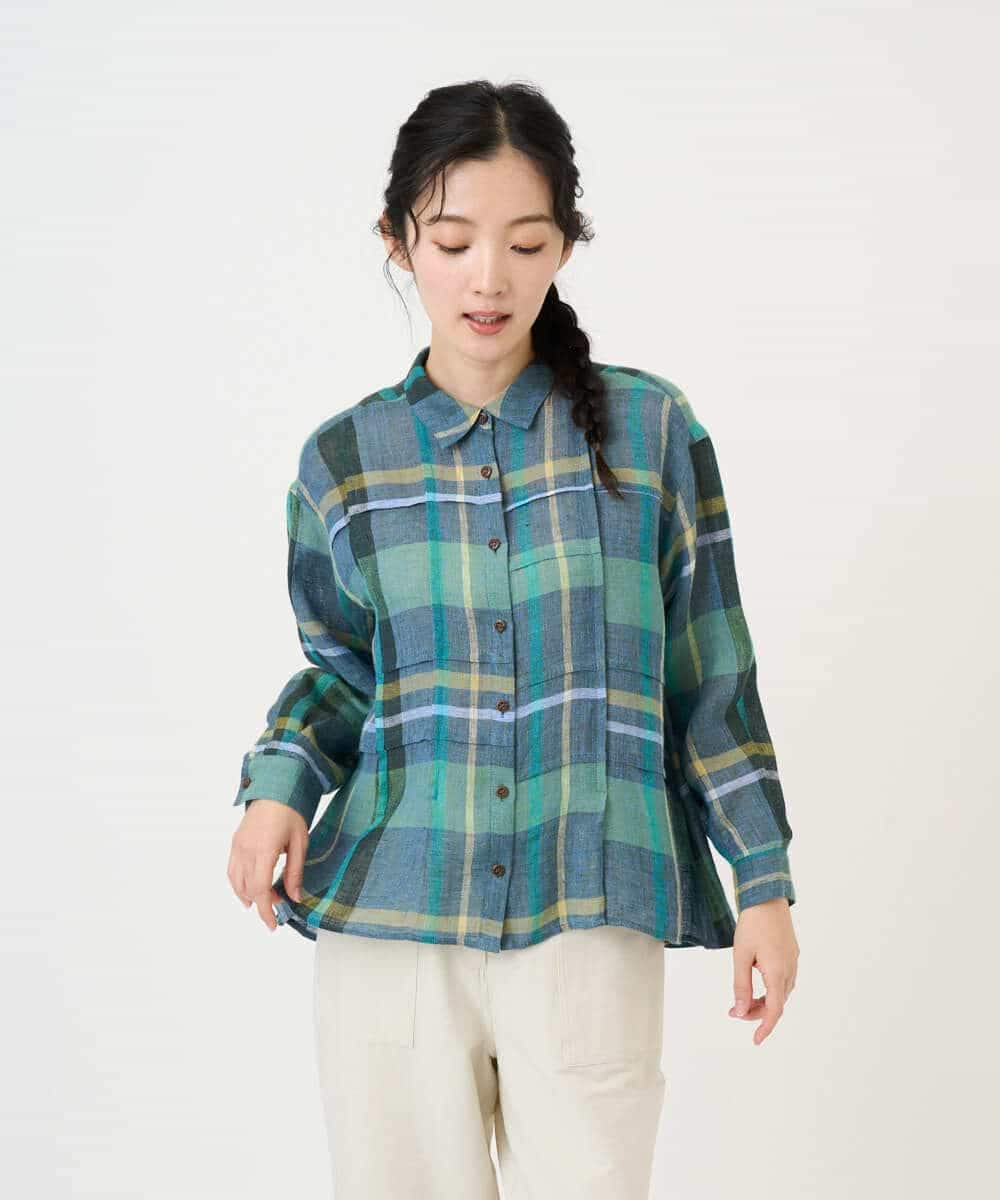 NHBGE56360 GIANNI LO GIUDICE(小さいサイズ)(メゾン ドゥ サンク) [日本製]先染めチェックブラウス グリーン