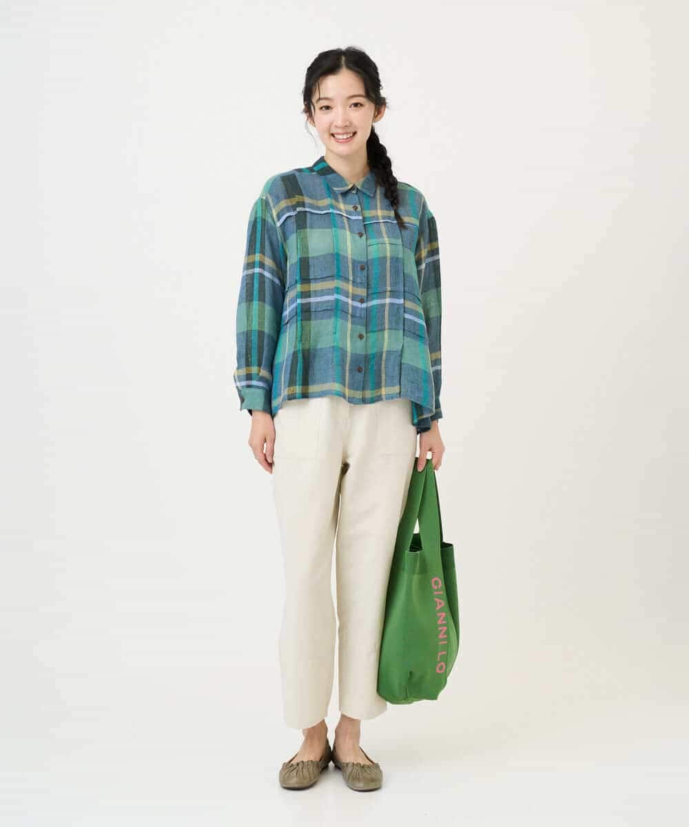 NHBGE56360 GIANNI LO GIUDICE(小さいサイズ)(メゾン ドゥ サンク) [日本製]先染めチェックブラウス グリーン