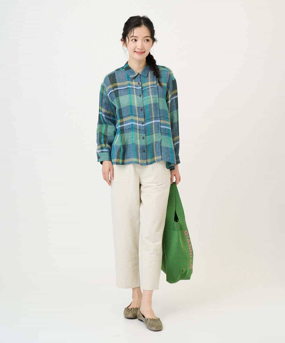 NHBGE56360 GIANNI LO GIUDICE(小さいサイズ)(メゾン ドゥ サンク) [日本製]先染めチェックブラウス グリーン