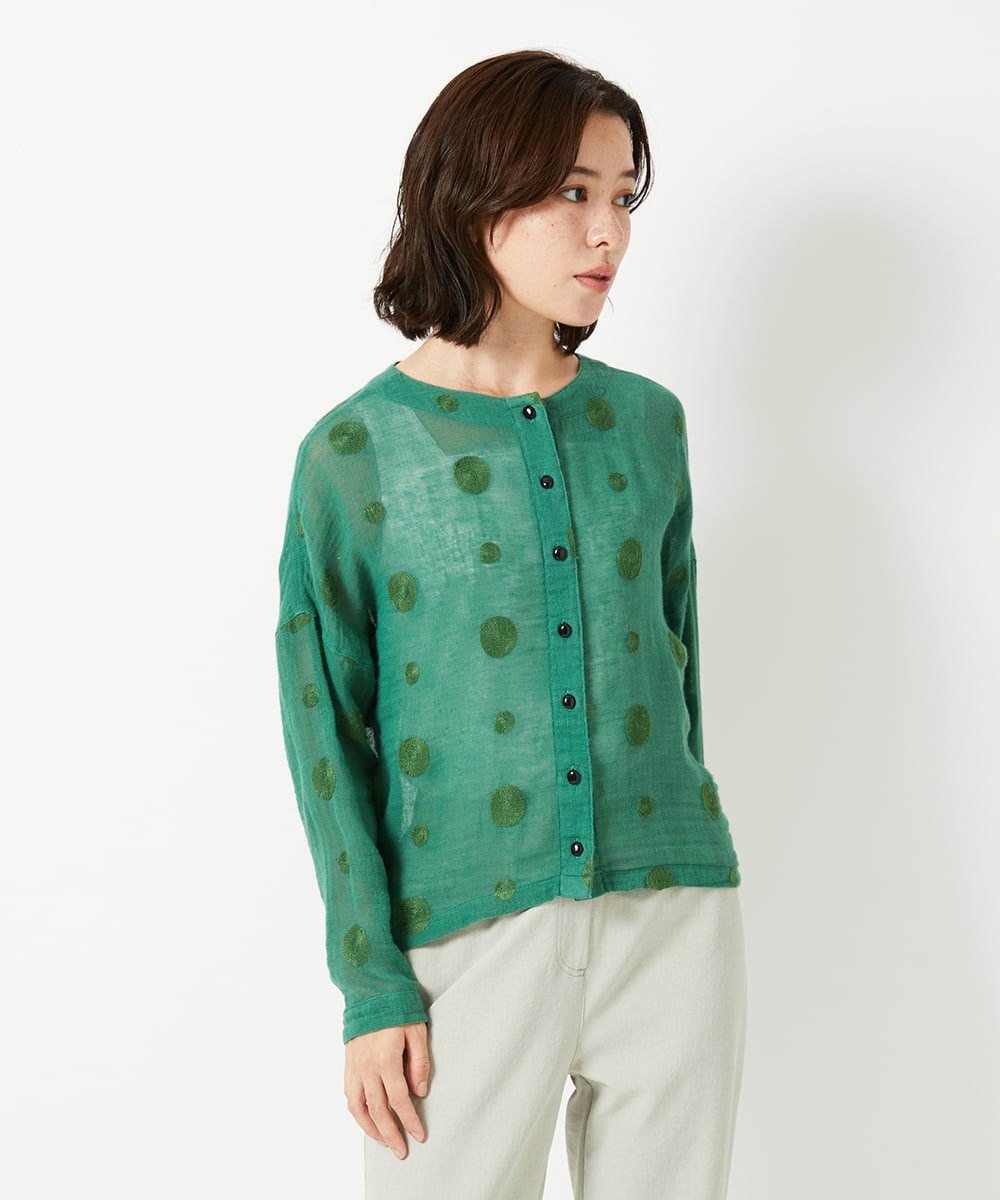 NHBGE57290 GIANNI LO GIUDICE(小さいサイズ)(メゾン ドゥ サンク) カラミ織りドット刺繍ドルマンブラウス グリーン