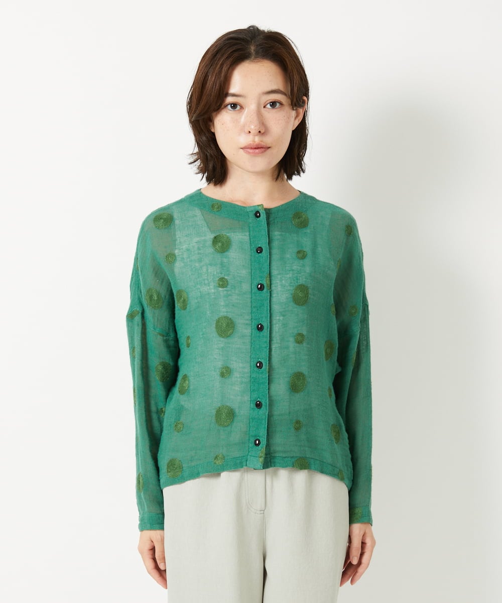 NHBGE57290 GIANNI LO GIUDICE(小さいサイズ)(メゾン ドゥ サンク) カラミ織りドット刺繍ドルマンブラウス グリーン
