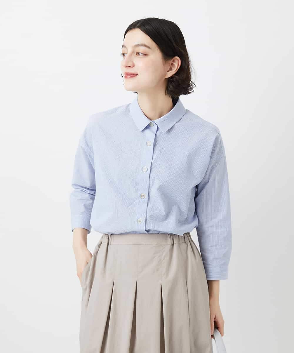 NHBGF21230 GIANNI LO GIUDICE(小さいサイズ)(メゾン ドゥ サンク) [日本製]コットンシャーリングストライプブラウス ブルー