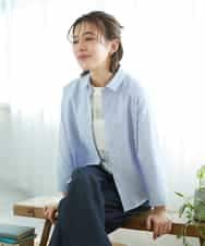 NHBGF21230 GIANNI LO GIUDICE(小さいサイズ)(メゾン ドゥ サンク) [日本製]コットンシャーリングストライプブラウス ブルー