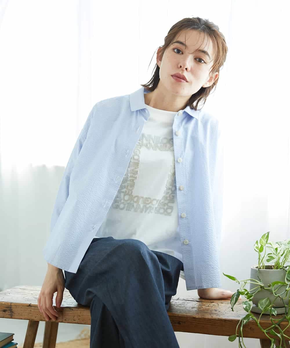 NHBGF21230 GIANNI LO GIUDICE(小さいサイズ)(メゾン ドゥ サンク) [日本製]コットンシャーリングストライプブラウス ブルー