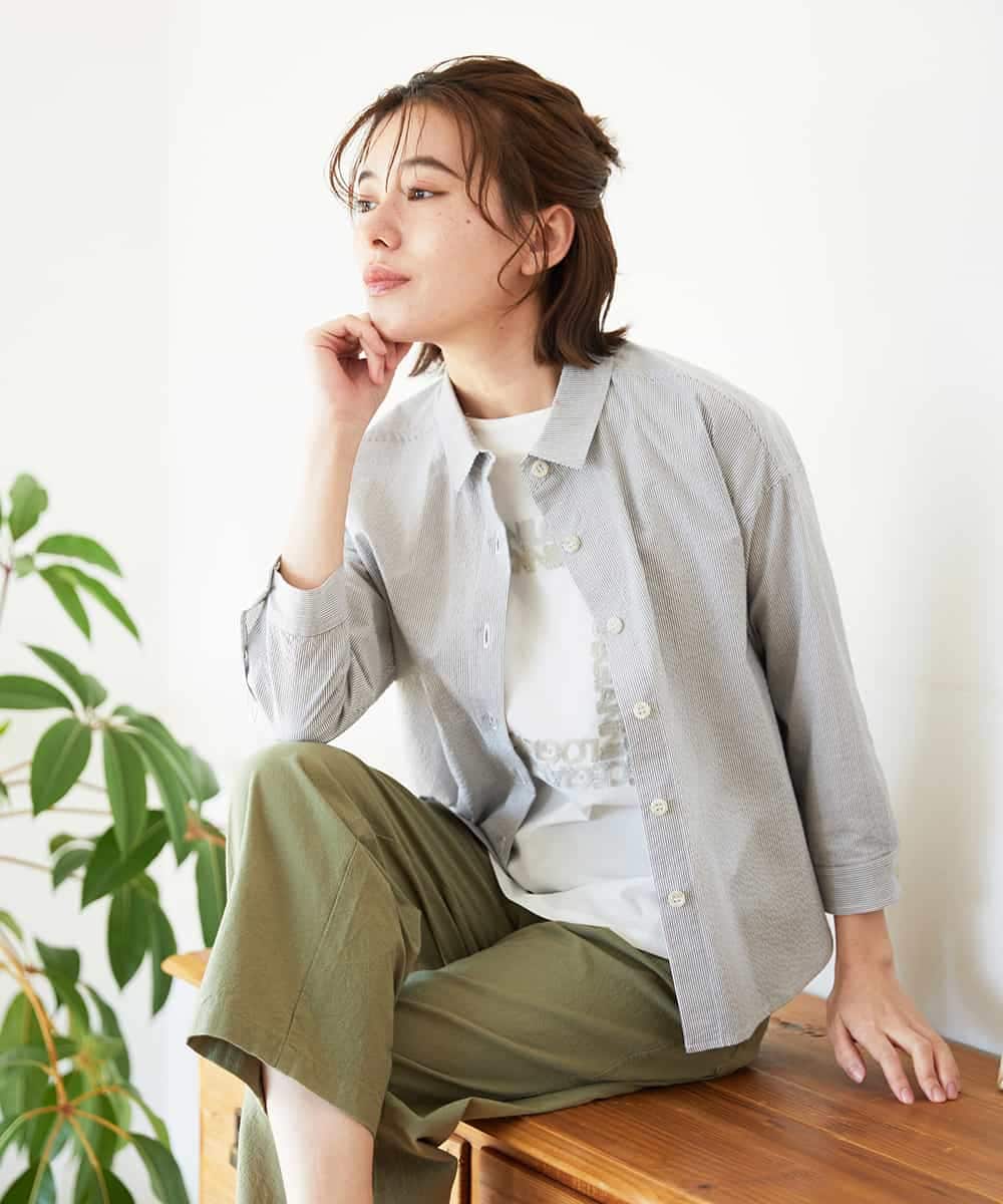 NHBGF21230 GIANNI LO GIUDICE(小さいサイズ)(メゾン ドゥ サンク) [日本製]コットンシャーリングストライプブラウス ブルー