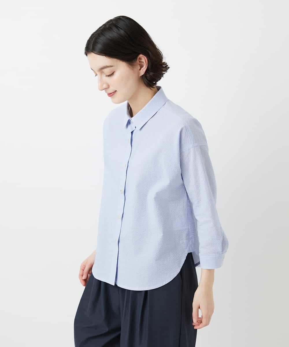 NHBGF21230 GIANNI LO GIUDICE(小さいサイズ)(メゾン ドゥ サンク) [日本製]コットンシャーリングストライプブラウス ブルー