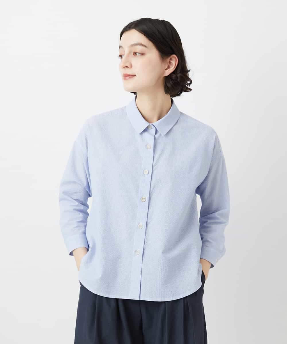 NHBGF21230 GIANNI LO GIUDICE(小さいサイズ)(メゾン ドゥ サンク) [日本製]コットンシャーリングストライプブラウス ブルー