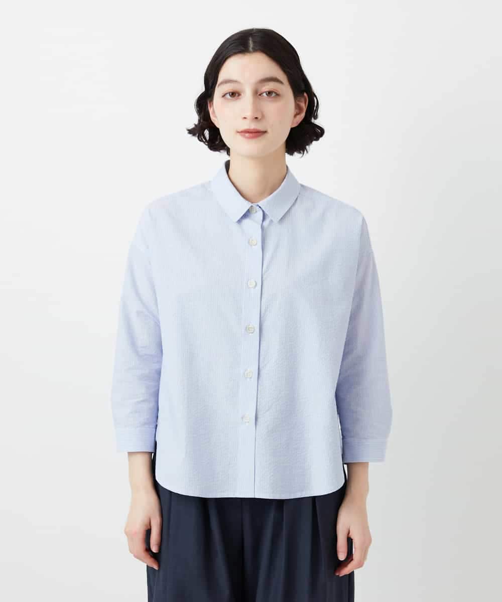 NHBGF21230 GIANNI LO GIUDICE(小さいサイズ)(メゾン ドゥ サンク) [日本製]コットンシャーリングストライプブラウス ブルー