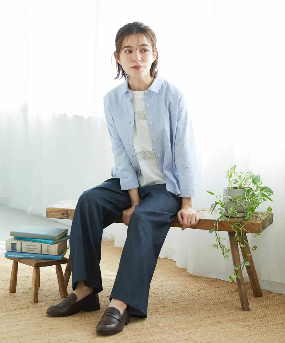 NHBGF21230 GIANNI LO GIUDICE(小さいサイズ)(メゾン ドゥ サンク) [日本製]コットンシャーリングストライプブラウス ブルー