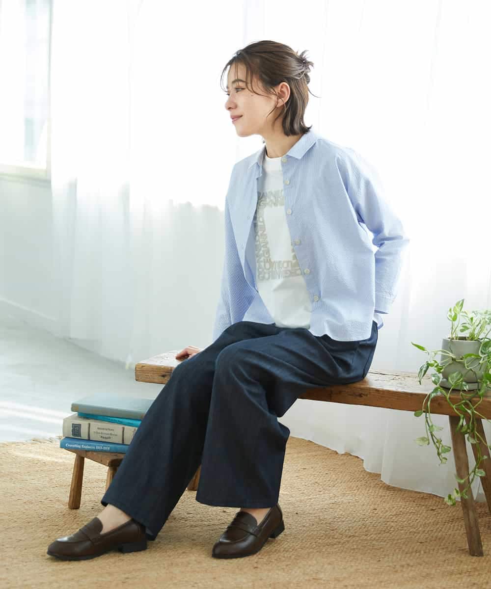 NHBGF21230 GIANNI LO GIUDICE(小さいサイズ)(メゾン ドゥ サンク) [日本製]コットンシャーリングストライプブラウス ブルー