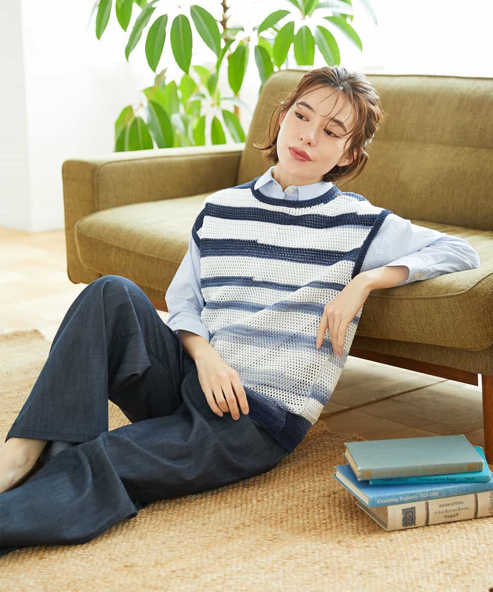 NHBGF21230 GIANNI LO GIUDICE(小さいサイズ)(メゾン ドゥ サンク) [日本製]コットンシャーリングストライプブラウス ブルー