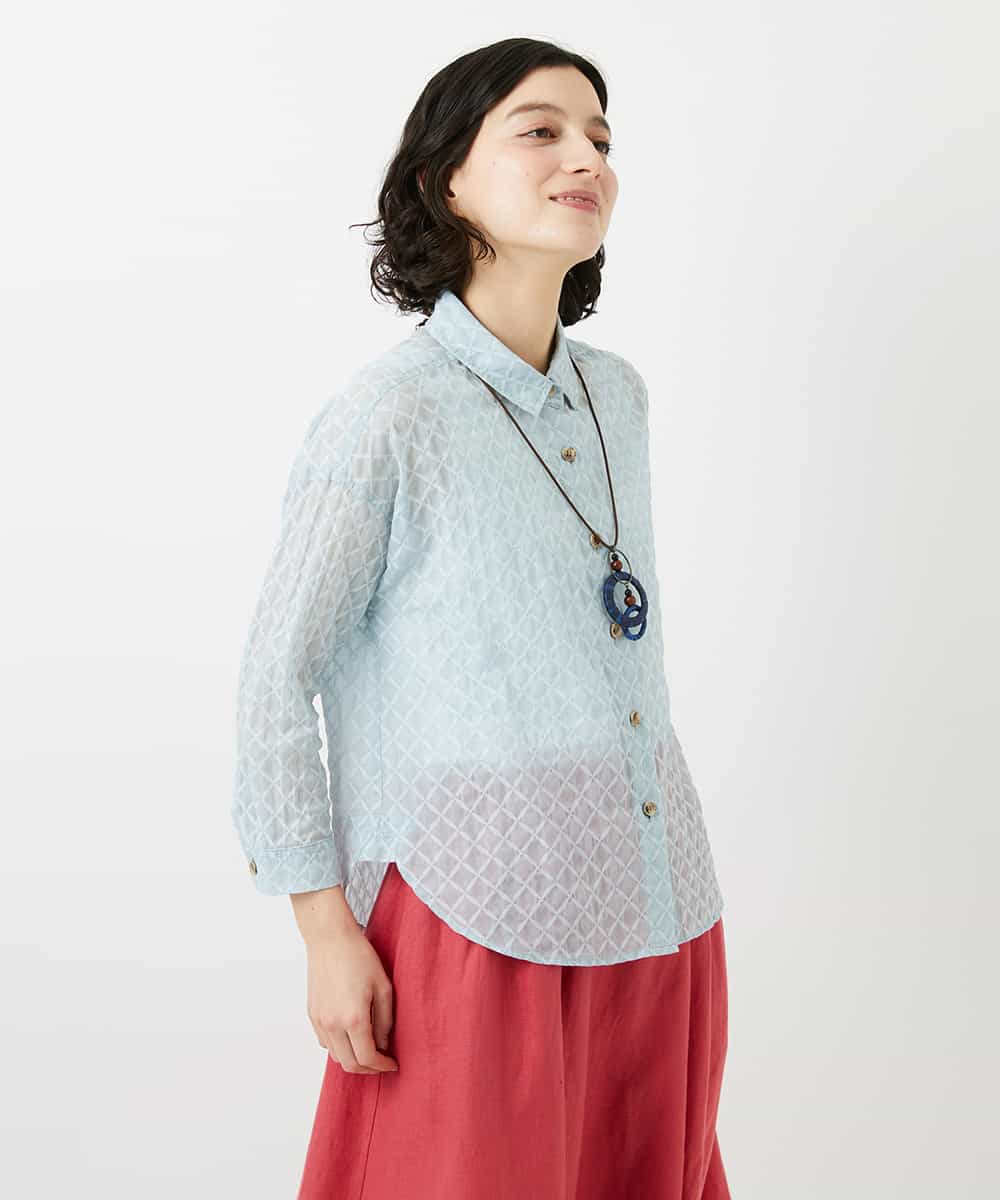 NHBGF83250 GIANNI LO GIUDICE(小さいサイズ)(メゾン ドゥ サンク) 塩縮ダイヤ柄ブラウス ライトブルー