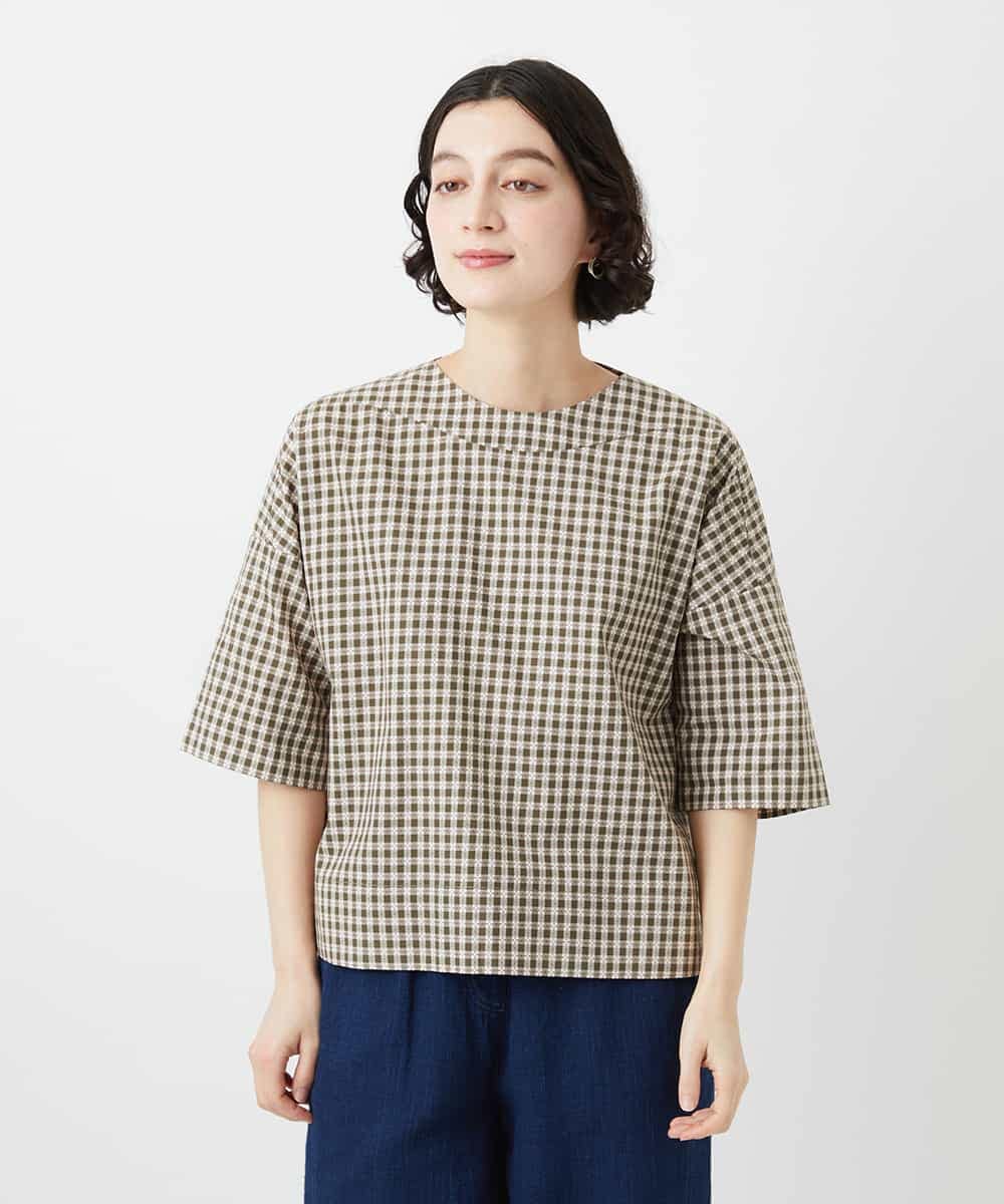 NHBGF87230 GIANNI LO GIUDICE(小さいサイズ)(メゾン ドゥ サンク) ステッチギンガムチェックプルオーバーブラウス カーキ