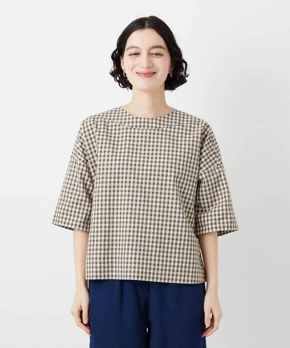 NHBGF87230 GIANNI LO GIUDICE(小さいサイズ)(メゾン ドゥ サンク) ステッチギンガムチェックプルオーバーブラウス カーキ