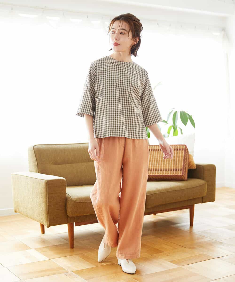 NHBGF87230 GIANNI LO GIUDICE(小さいサイズ)(メゾン ドゥ サンク) ステッチギンガムチェックプルオーバーブラウス カーキ