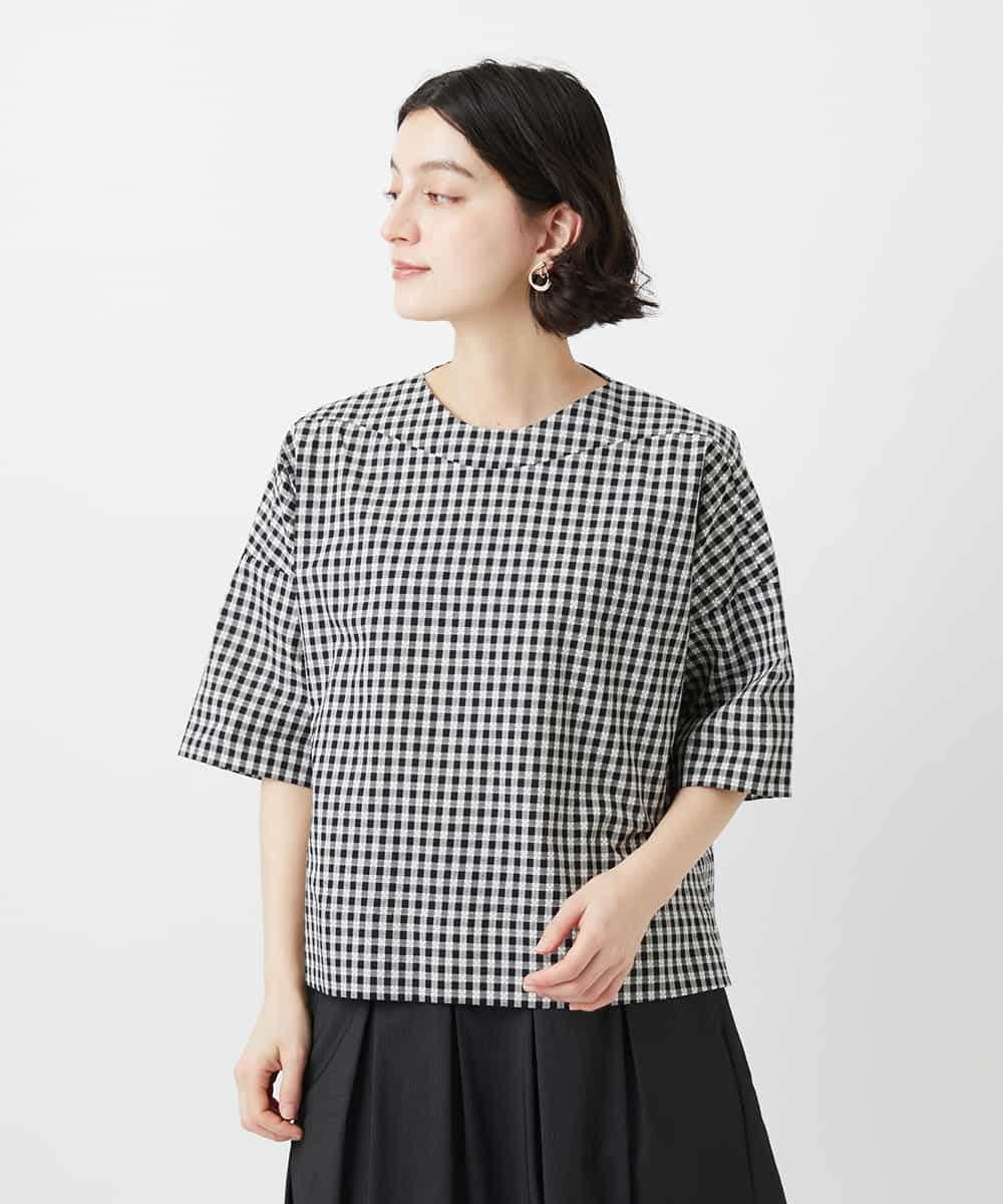 NHBGF87230 GIANNI LO GIUDICE(小さいサイズ)(メゾン ドゥ サンク) ステッチギンガムチェックプルオーバーブラウス ブラック