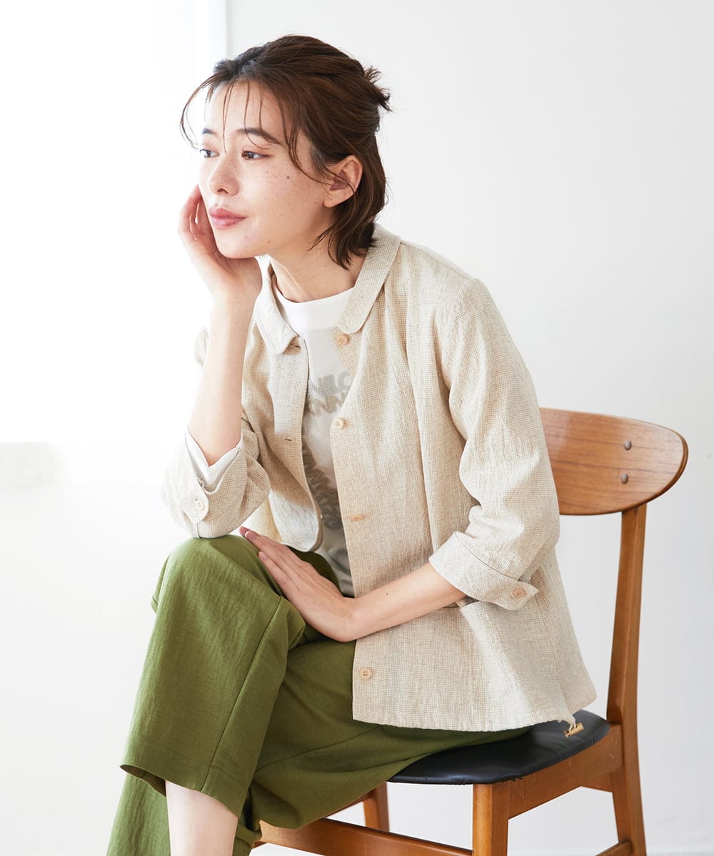 NHBGF88360 GIANNI LO GIUDICE(小さいサイズ)(メゾン ドゥ サンク) 千鳥格子柄リネンコットンブラウス ベージュ