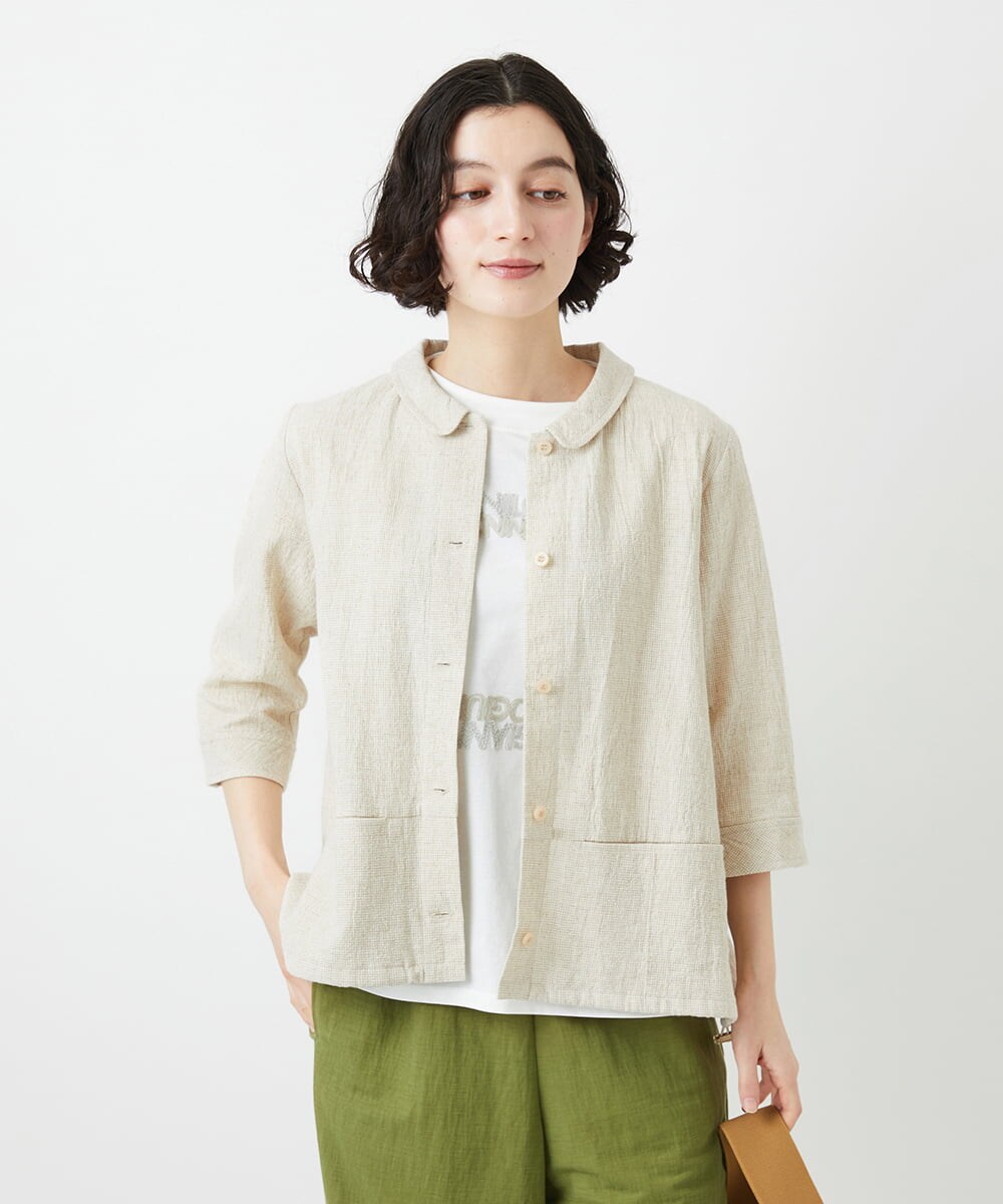 NHBGF88360 GIANNI LO GIUDICE(小さいサイズ)(メゾン ドゥ サンク) 千鳥格子柄リネンコットンブラウス ベージュ