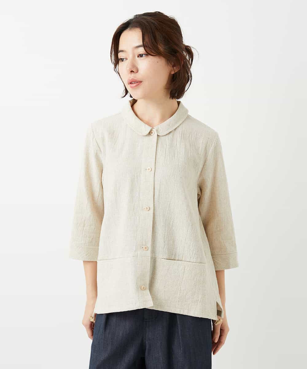 NHBGF88360 GIANNI LO GIUDICE(小さいサイズ)(メゾン ドゥ サンク) 千鳥格子柄リネンコットンブラウス ベージュ