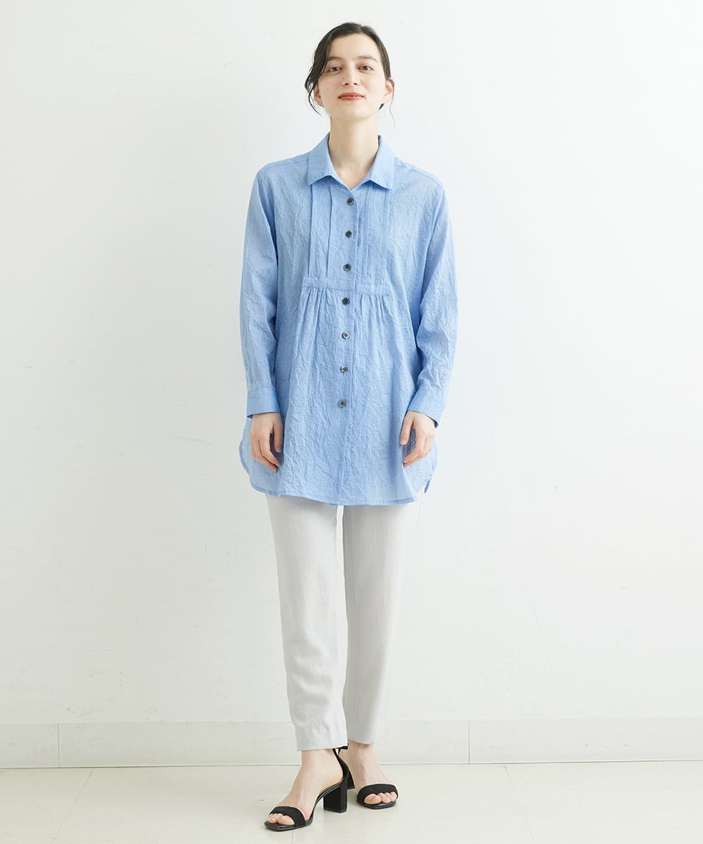 NHBGS02270 GIANNI LO GIUDICE(小さいサイズ)(メゾン ドゥ サンク) [洗える]コットンシャンブレーロングブラウス ライトブルー