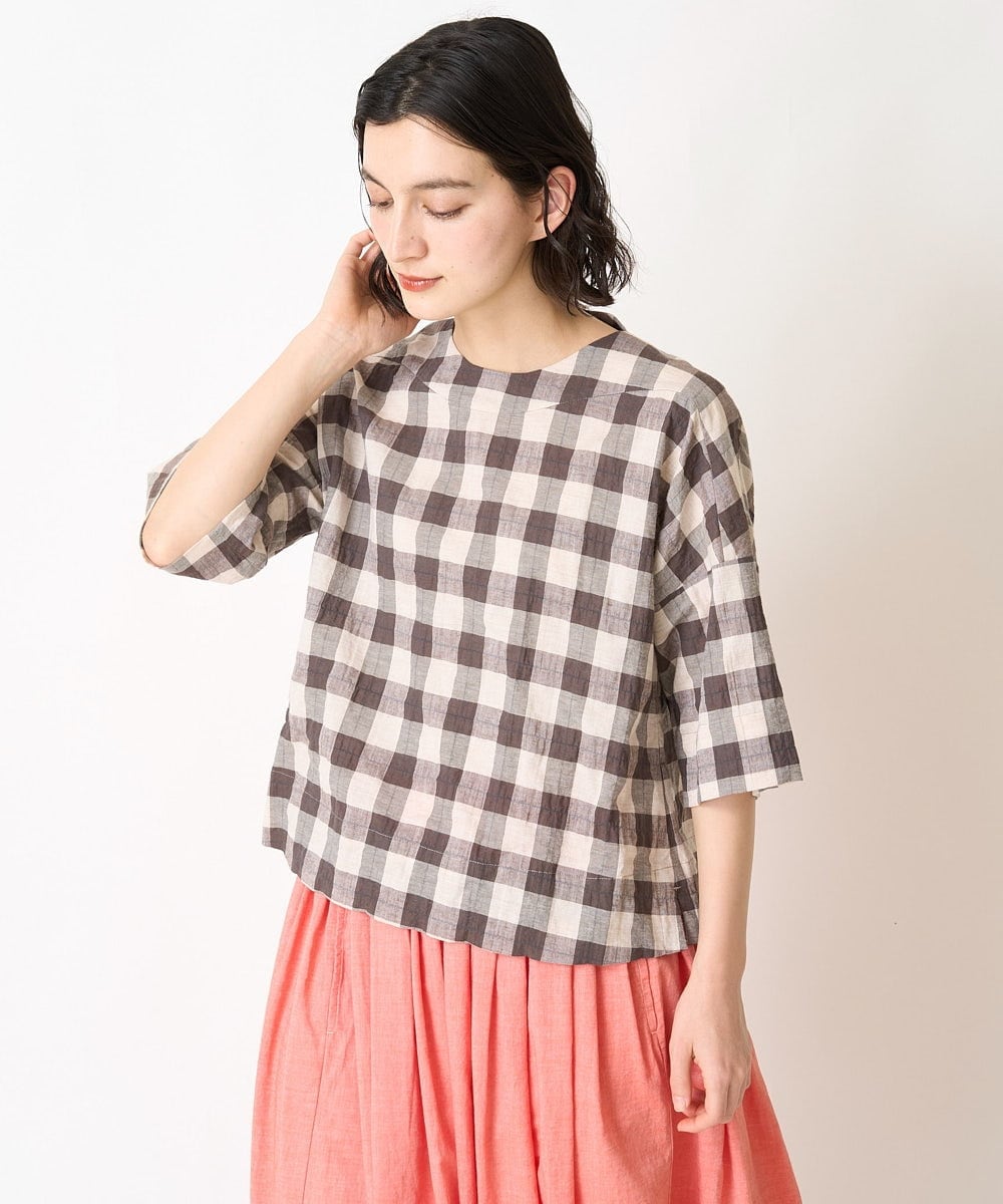 NHBGX97200 GIANNI LO GIUDICE(小さいサイズ)(メゾン ドゥ サンク) 綿麻ブロックチェックプルオーバーブラウス ブラウン・ベージュ系