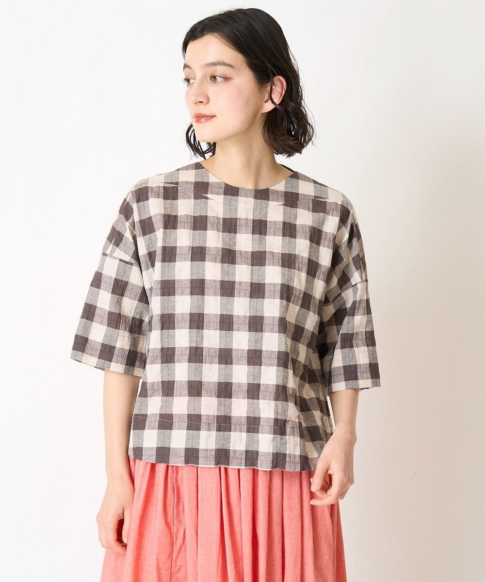 NHBGX97200 GIANNI LO GIUDICE(小さいサイズ)(メゾン ドゥ サンク) 綿麻ブロックチェックプルオーバーブラウス ブラウン・ベージュ系