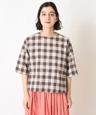 NHBGX97200 GIANNI LO GIUDICE(小さいサイズ)(メゾン ドゥ サンク) 綿麻ブロックチェックプルオーバーブラウス ブラウン・ベージュ系