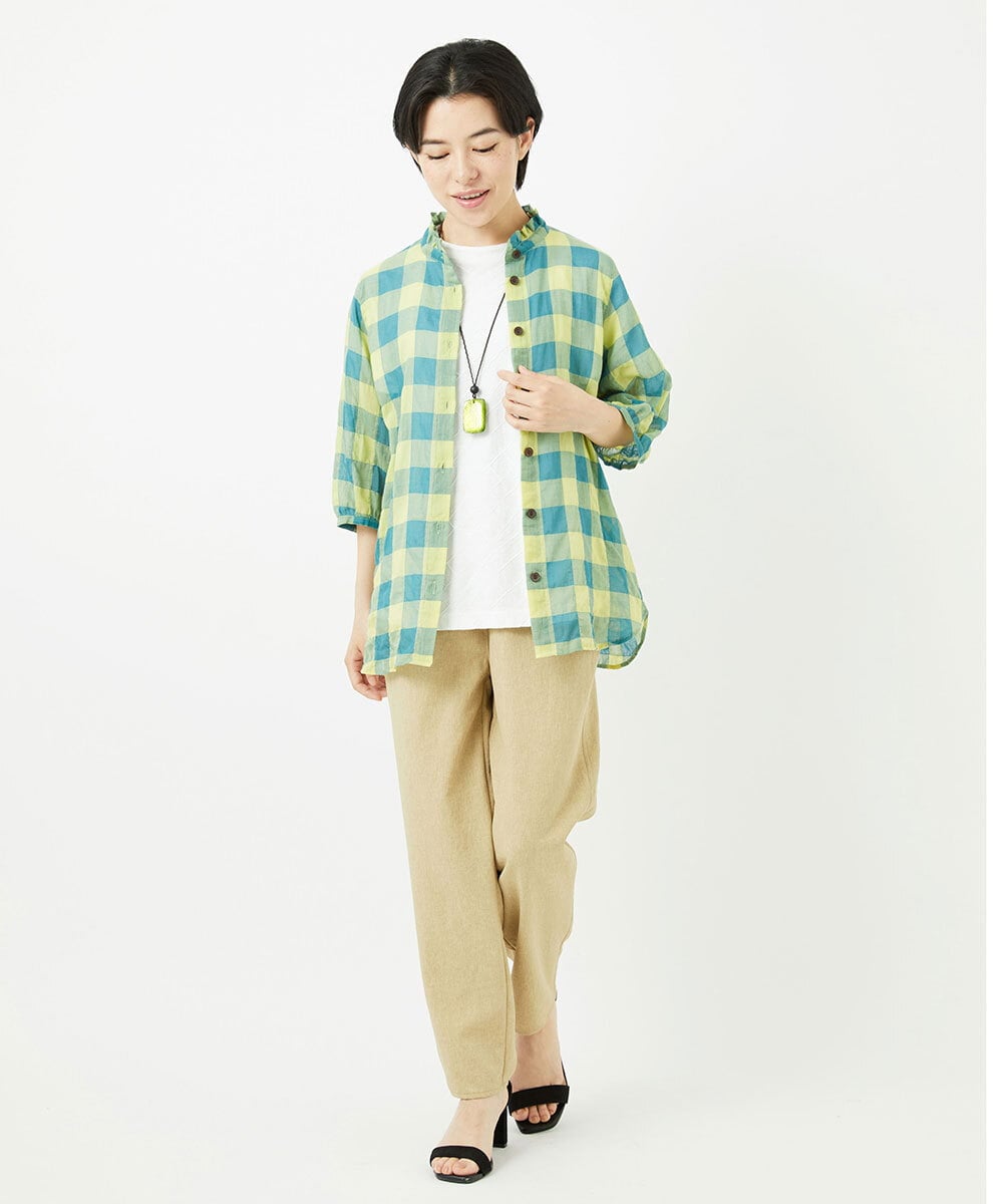 NHBHA12250 GIANNI LO GIUDICE(小さいサイズ)(メゾン ドゥ サンク) シャーリングチェックシャツブラウス イエロー×グリーン