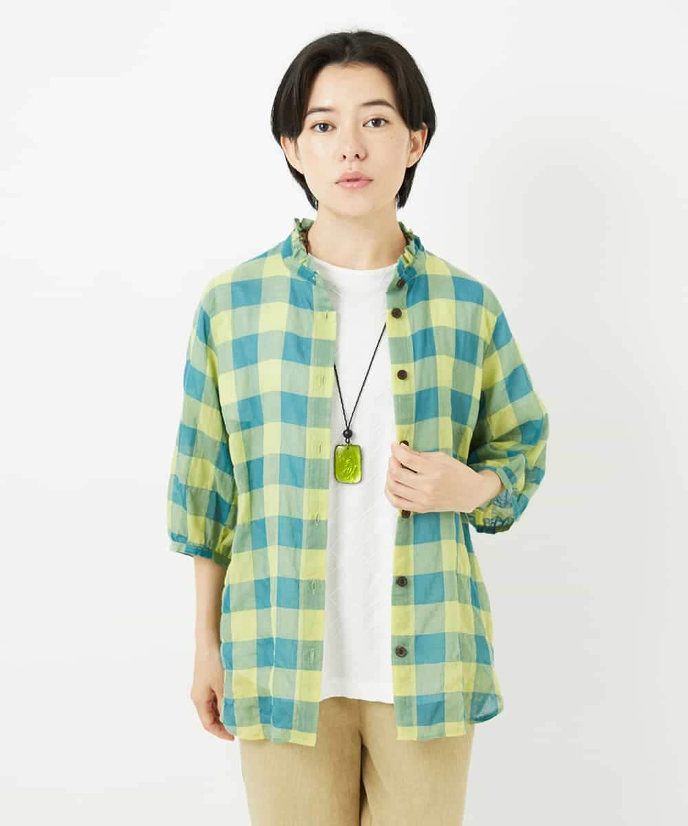 NHBHA12250 GIANNI LO GIUDICE(小さいサイズ)(メゾン ドゥ サンク) シャーリングチェックシャツブラウス イエロー×グリーン