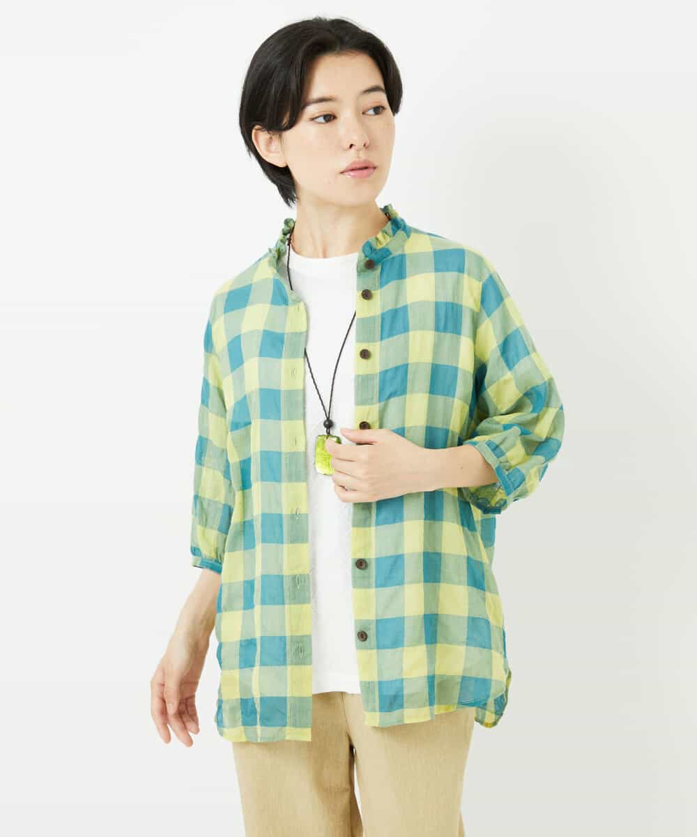 NHBHA12250 GIANNI LO GIUDICE(小さいサイズ)(メゾン ドゥ サンク) シャーリングチェックシャツブラウス イエロー×グリーン