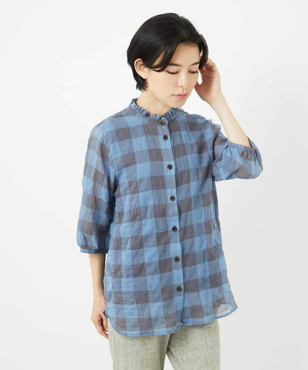 NHBHA12250 GIANNI LO GIUDICE(小さいサイズ)(メゾン ドゥ サンク) シャーリングチェックシャツブラウス イエロー×グリーン