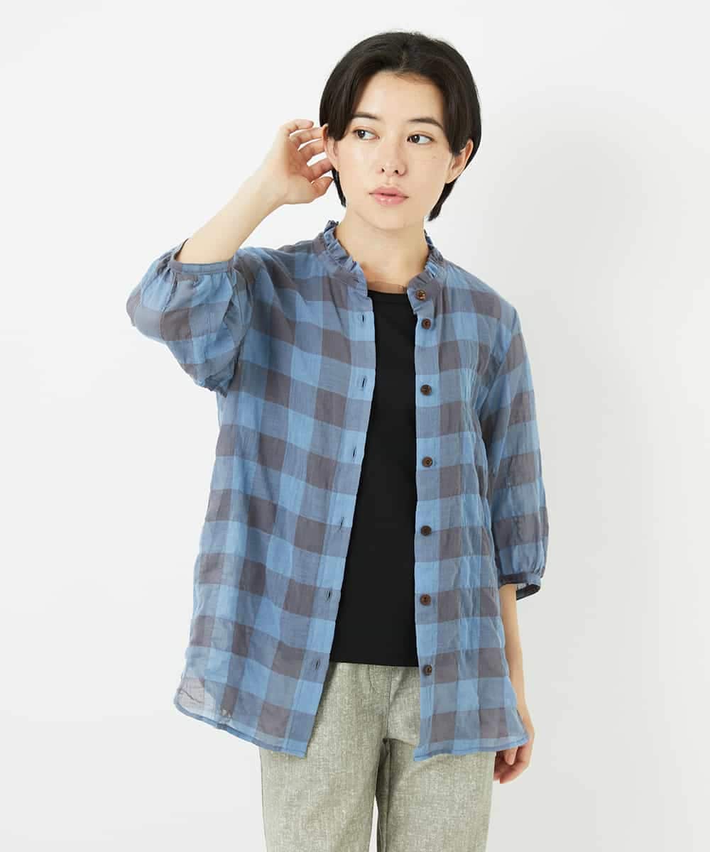 NHBHA12250 GIANNI LO GIUDICE(小さいサイズ)(メゾン ドゥ サンク) シャーリングチェックシャツブラウス イエロー×グリーン
